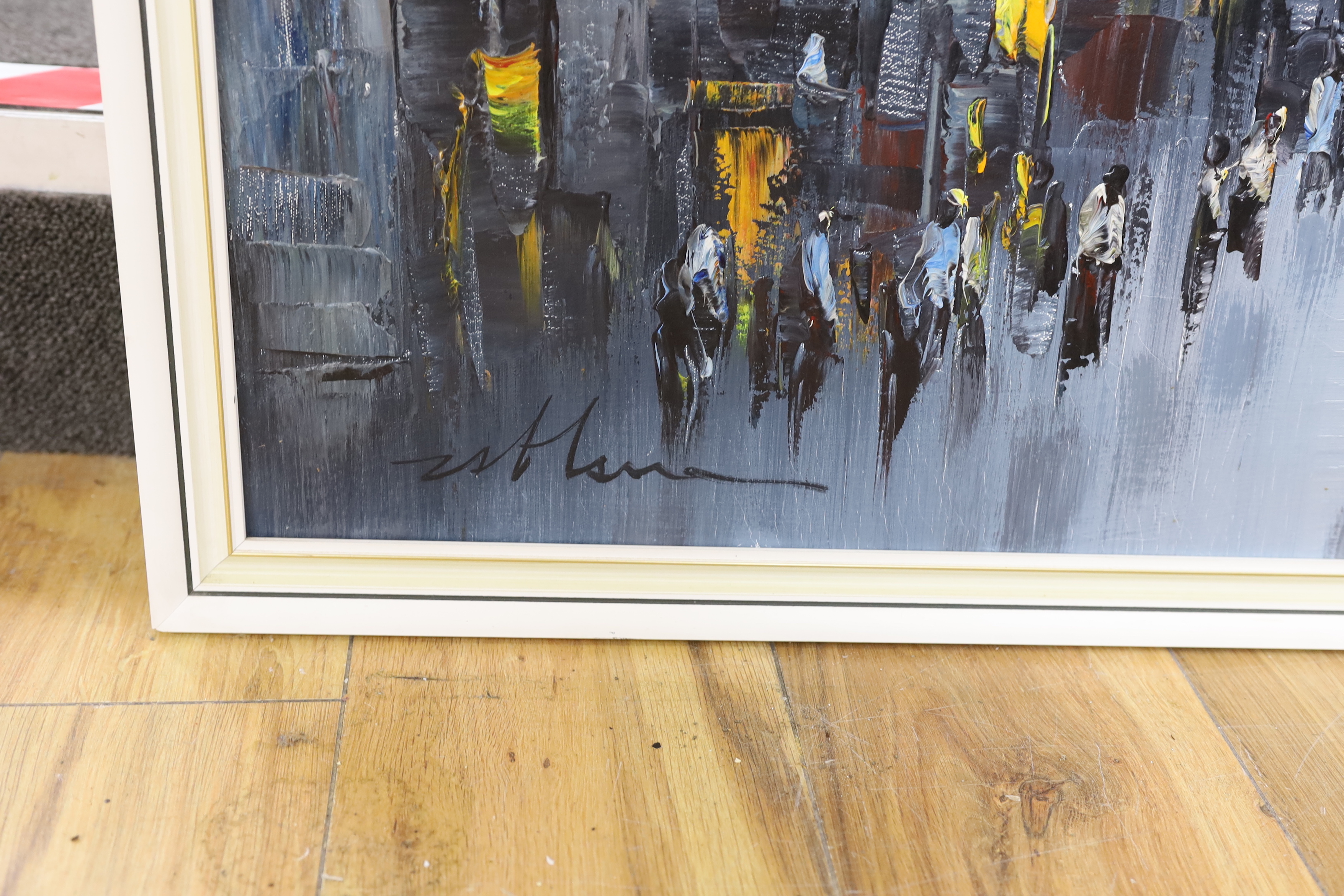 Hayne (Modern British), impressionist oil on canvas, Moonlit street scene with figures, signed, 90 x 90cm